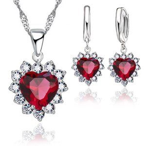 925 Sterling Silver Earrings And Necklace Set Heart Love Cute Top Gift